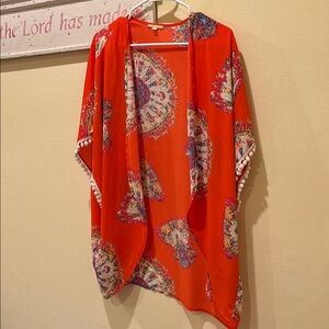 Vibrant Orange Kimono with Fan Print